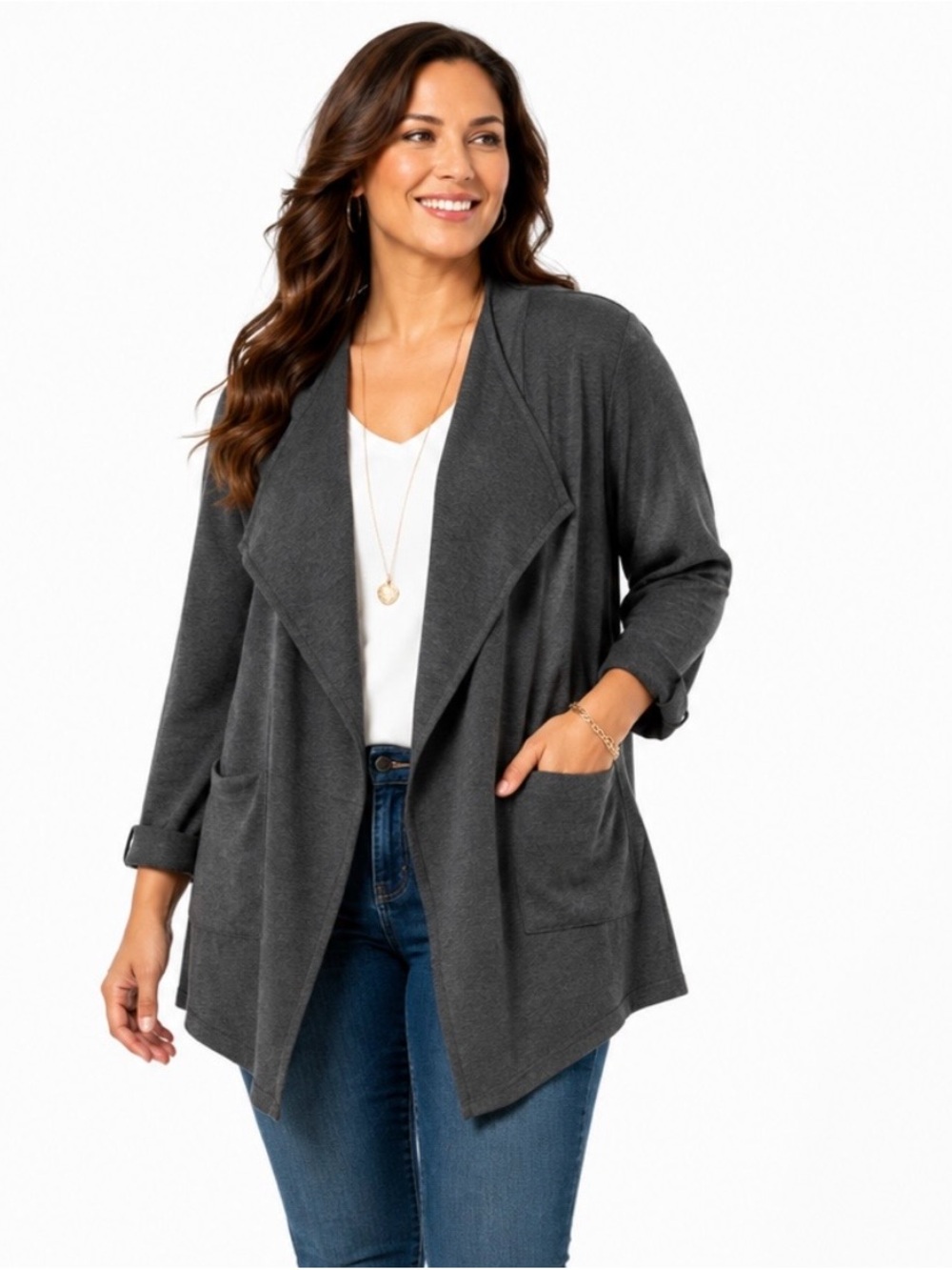 Bobeau Cardigan Jacket Poncho Shrug Gray Knit Front Kimono Pockets Medium Loose